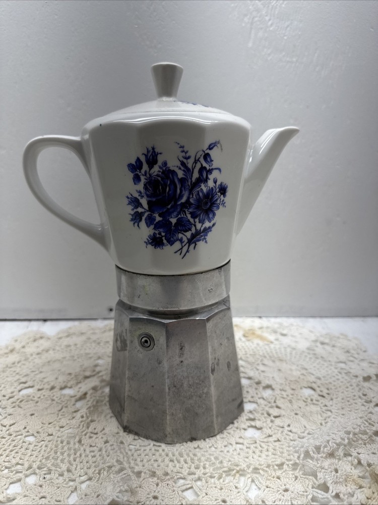 Vintage Ceramic Coffee Maker With Blue Floral Pattern
