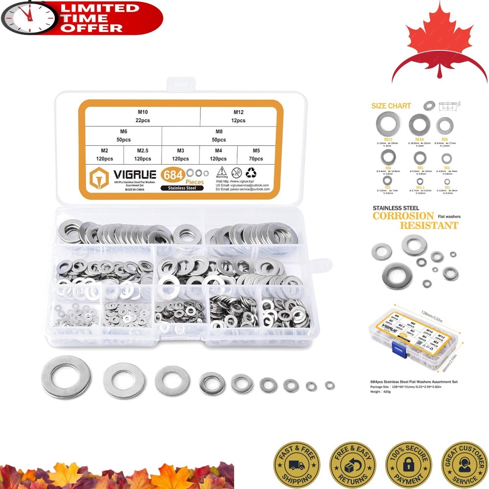 Assorted Flat Washer Hardware Set - 684pcs, 9 Sizes M2-M12, Rust Resistant