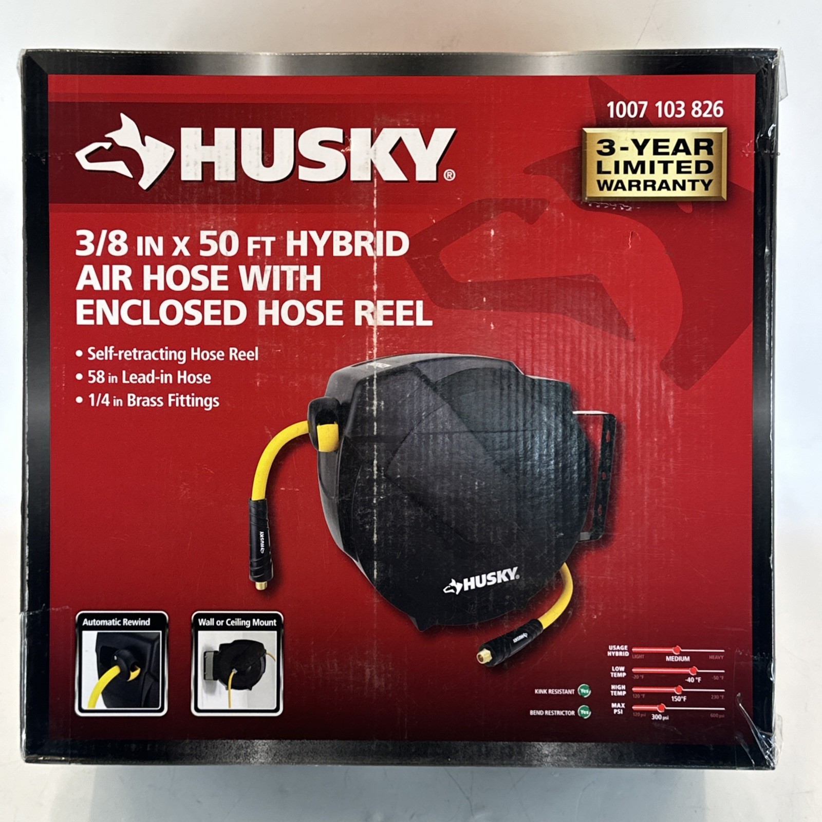 New Husky 3/8 " x 50' Hybrid Air Hose With Self Retracting Enclosed Hose Reel