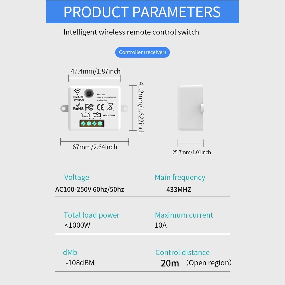 Wireless Remote Control Switch Lamps Controller Electrical Appliances 433MHz