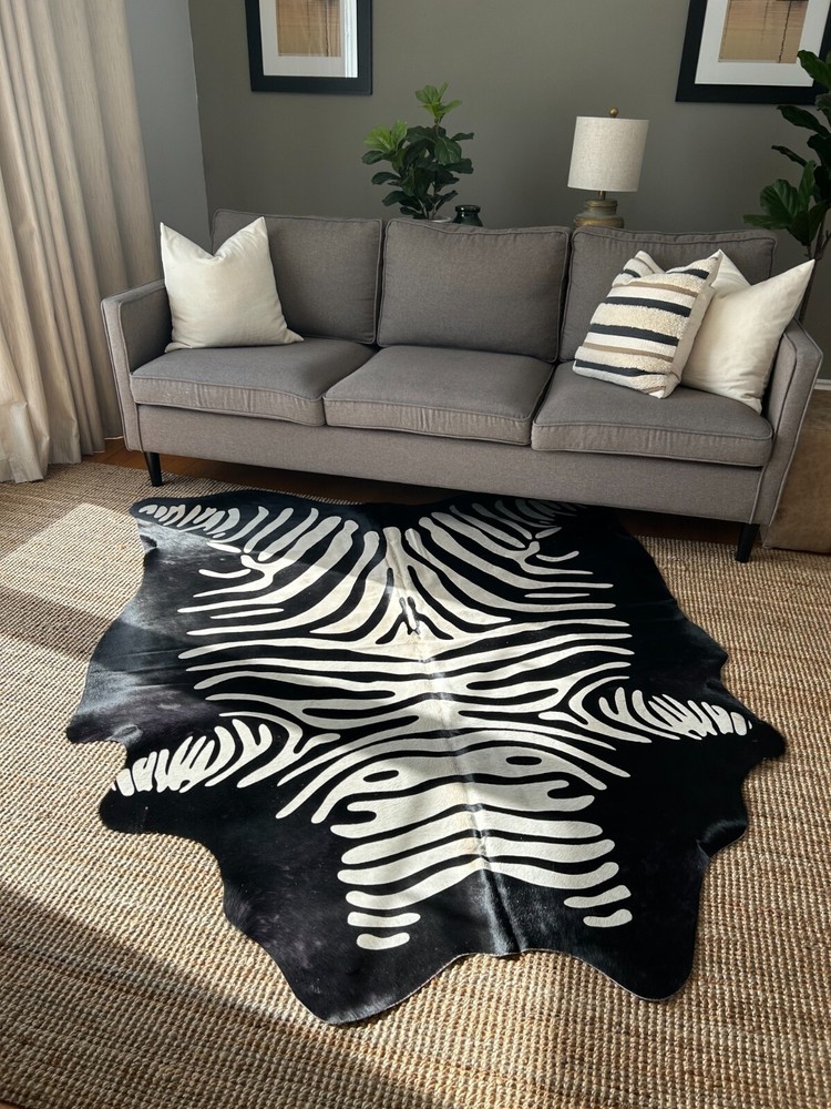 Zebra Print Cowhide Rug - Reverse Pattern / Beige Stripes/ Reverse Zebra Cowhide