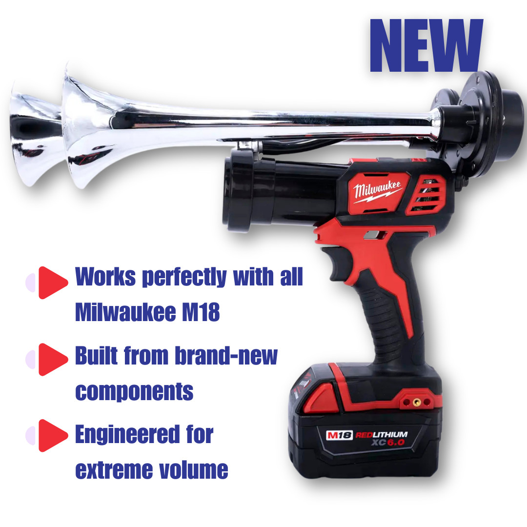 Milwaukee 18V Dual Train Horn Kit | Air Horn + 8Ah Battery | Chrome Set