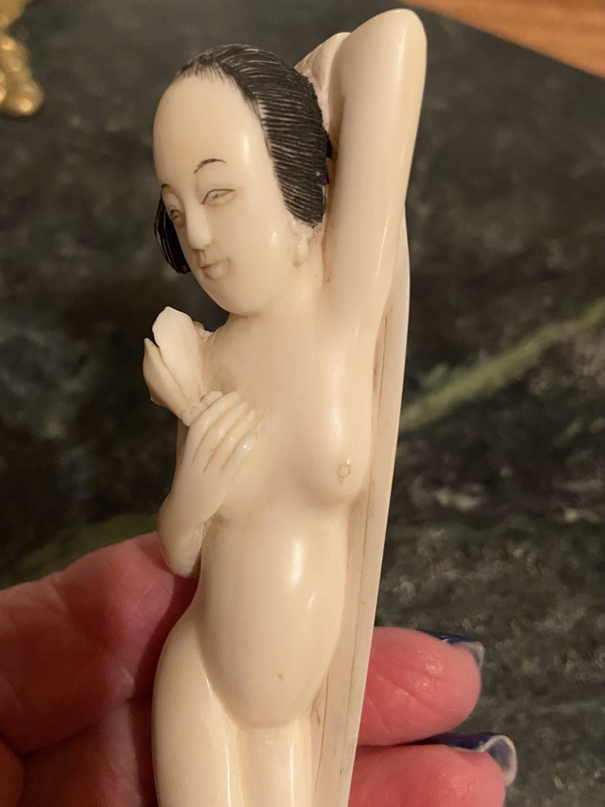 Antique Chinese carved Woman Diagnostic Doctor Doll. Holding Lotus Repaired.