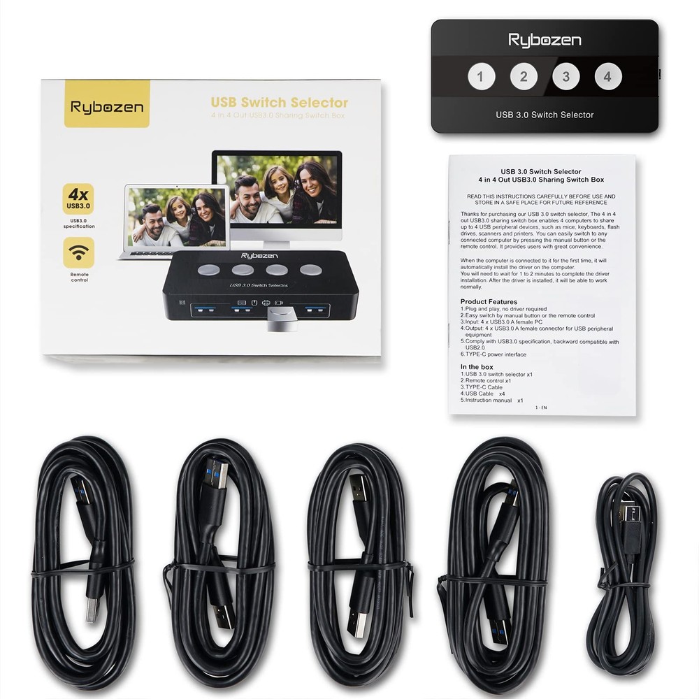 USB 3.0 Switch Selector, 4 Port KVM Switch USB Peripheral Switcher Box, 4 Comput