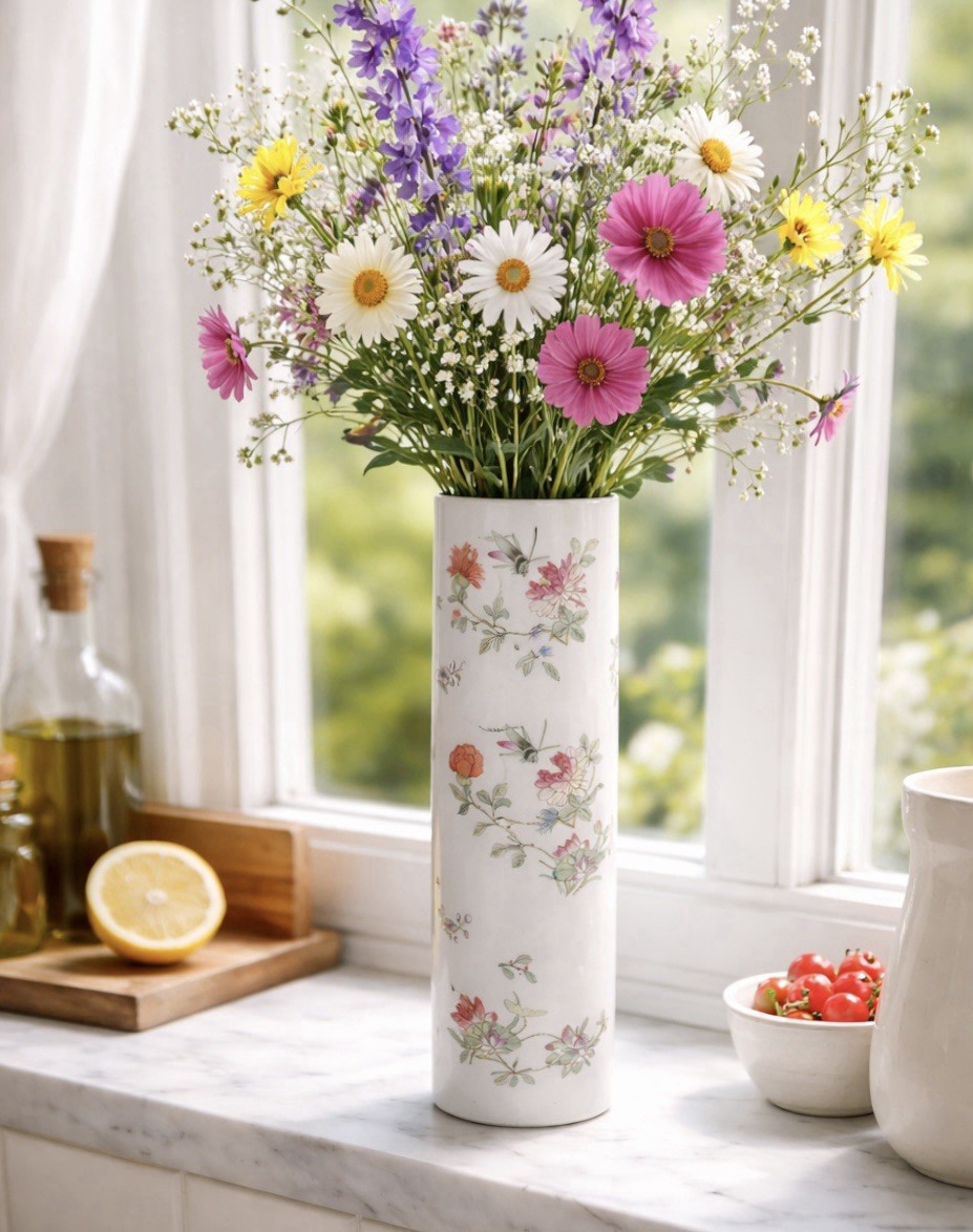 Vintage Chinese Porcelain Sleeve Vase 9” Floral Grasshopper Made In Hong Kong