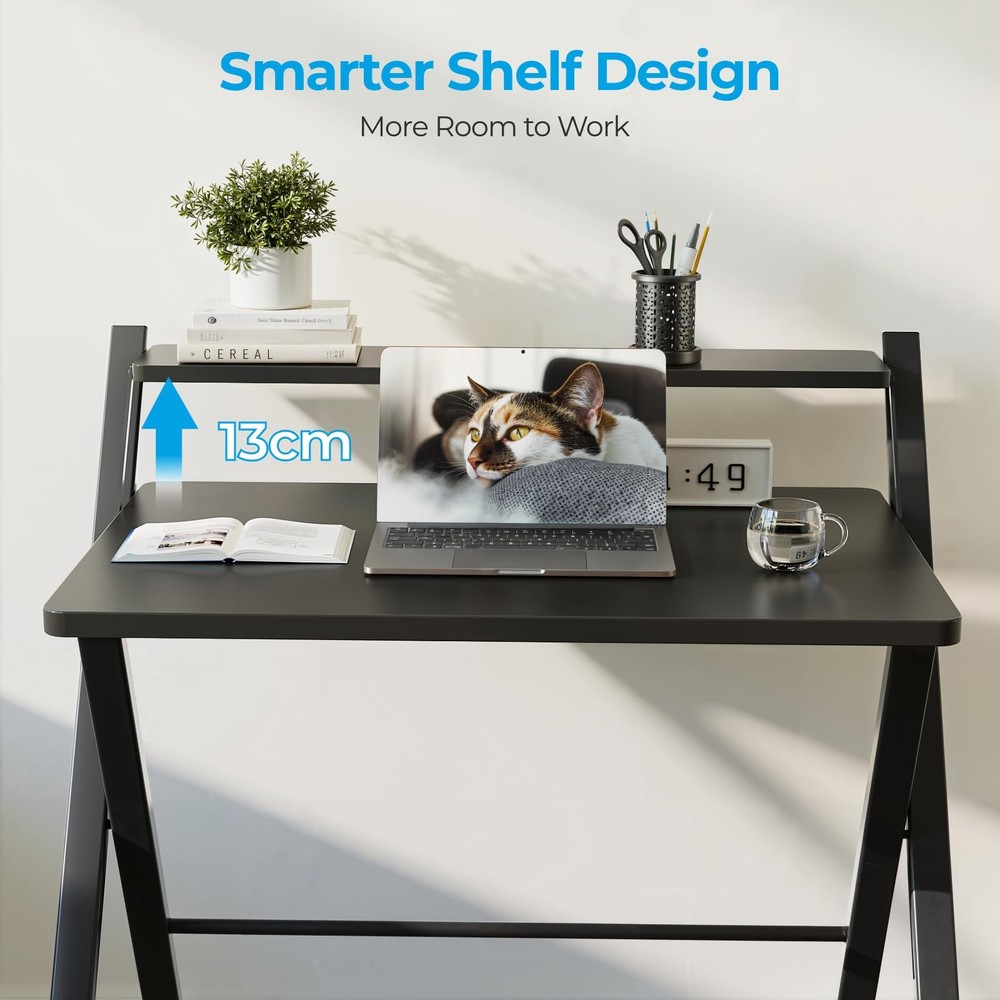 No Assembly Folding Desk, 2-Tier Compact Computer Desk with Shelf, Space Savi...