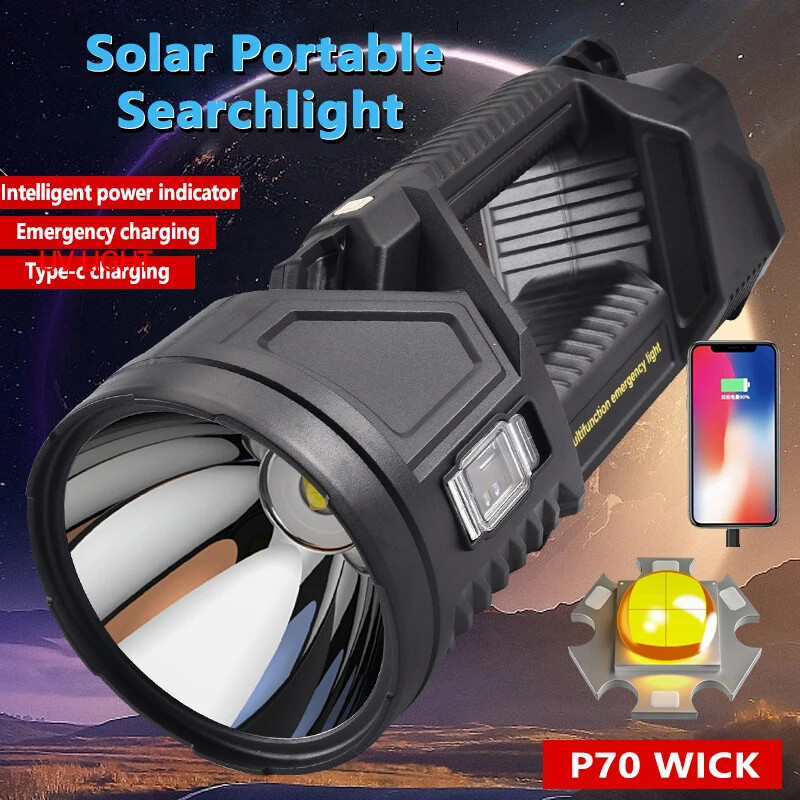 Extra Large Solar Flashlight Rechargeable Searchlight Long Range Carry Torch