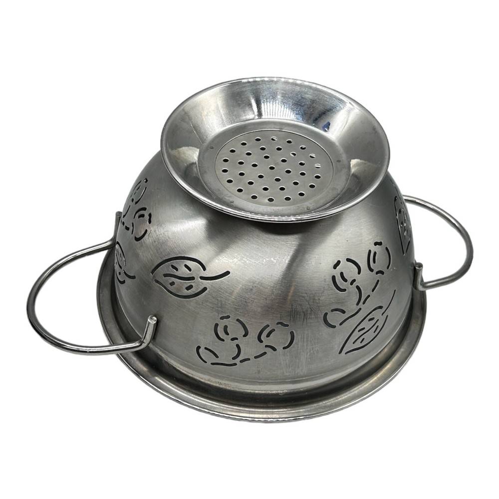 Metal Colander Strainer Cherries & Leaf Pattern Small Silver Farmhouse 8.5" D