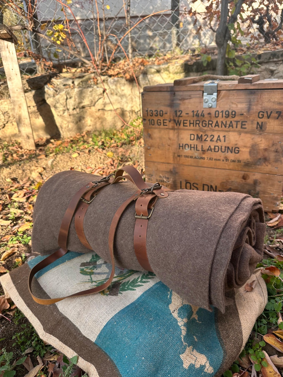 Bushcraft Wool Blanket with Handmade Leather Strap, Natural Blanket For Outdoor