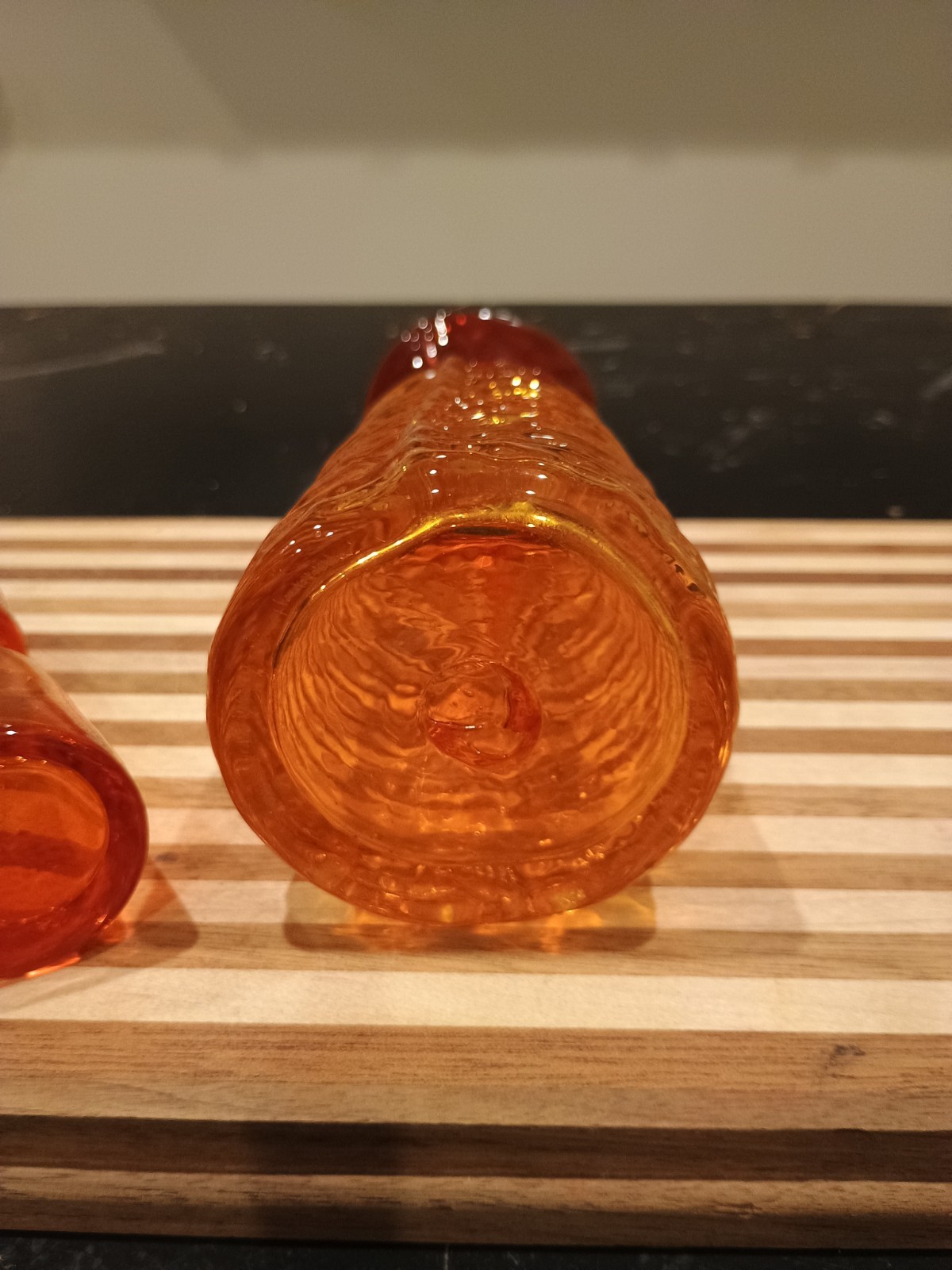 Vintage MCM 11" Rainbow Ribbed Glass Tangerine Orange Decanter With Stopper