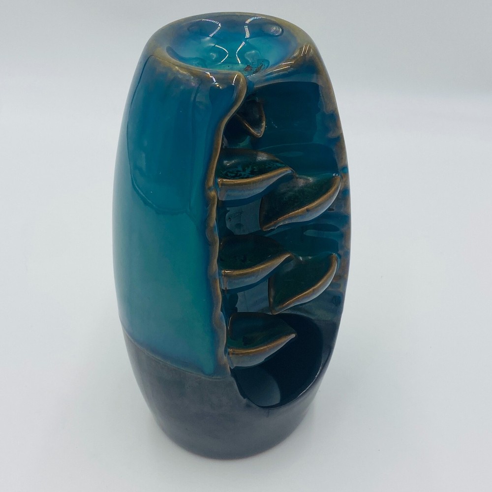 Ceramic Backwards Flow Waterfall Incense Burner, Blue 8" Tall