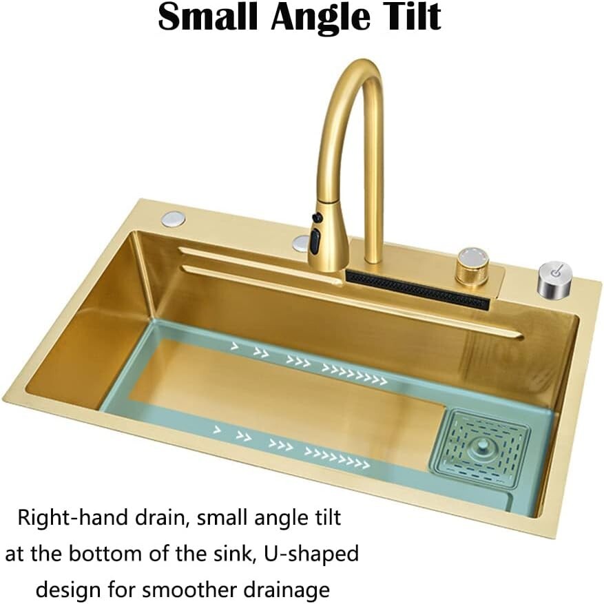 33x22 IN Gold Flying Rain Stainles Steel Watefall Kitchen Sink w PullDown Faucet