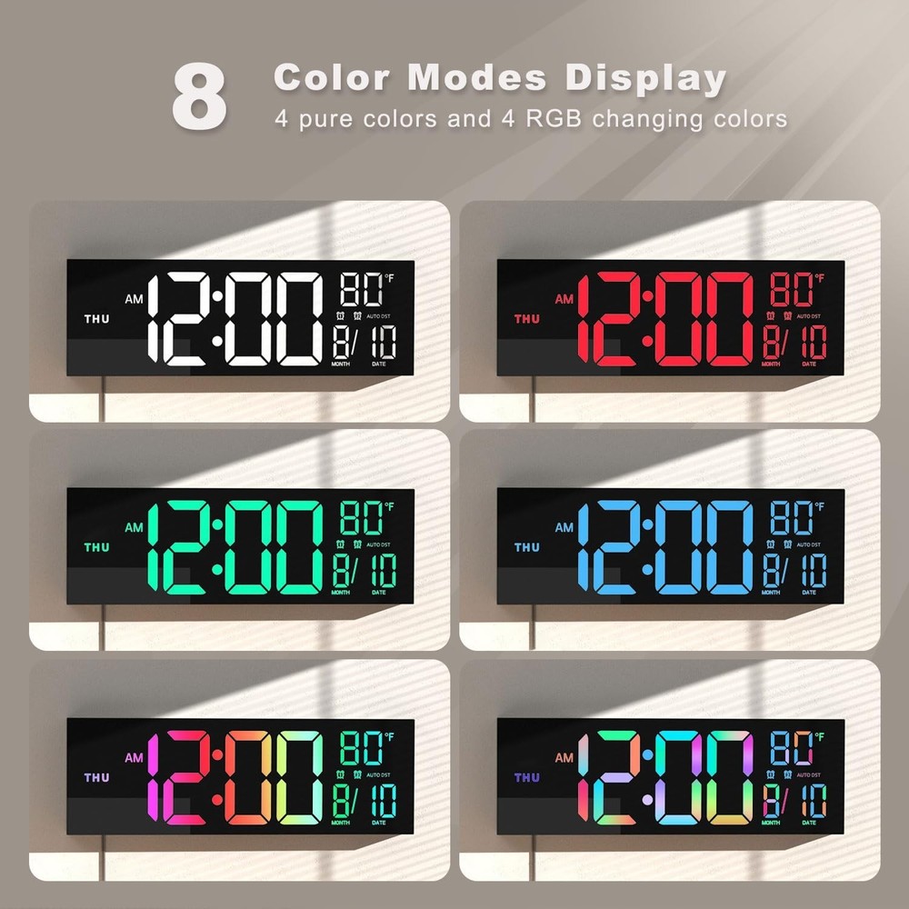LED Wall Clock 16" with Large Display, Alarm,Timer, Temp,Date & Soft Night Light