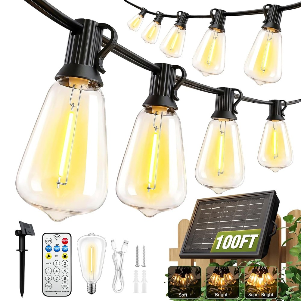 Outdoor Wedding Patio Lights - 100ft Solar LED String Remote Timer