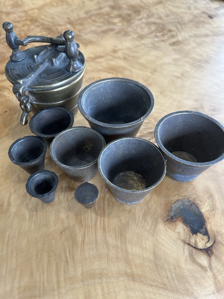 Brass Nested Apothecary Weights Scale Set with Case & Decorative Figures