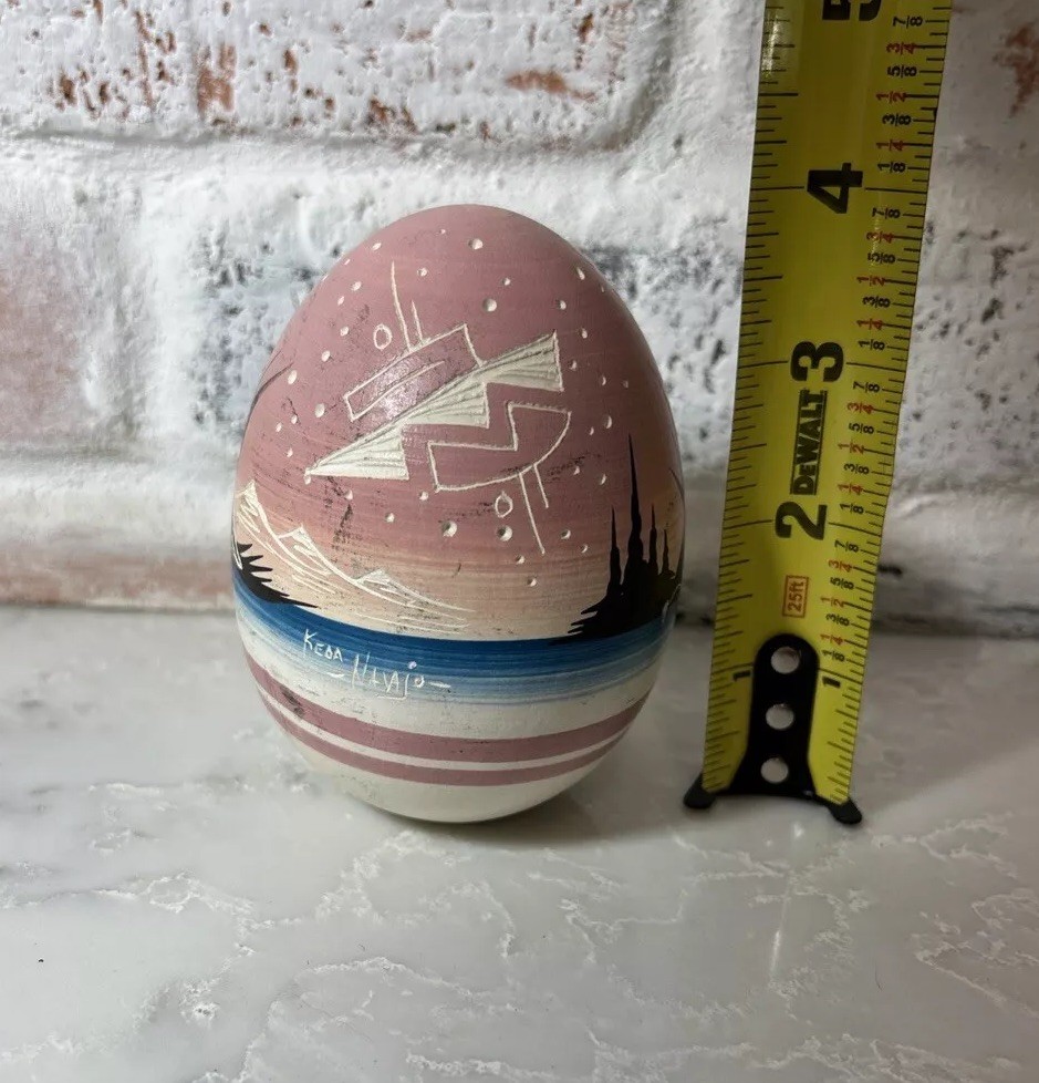 VTG Navajo Keda Dineh Native American Pottery Egg Hand Painted Carved Signed