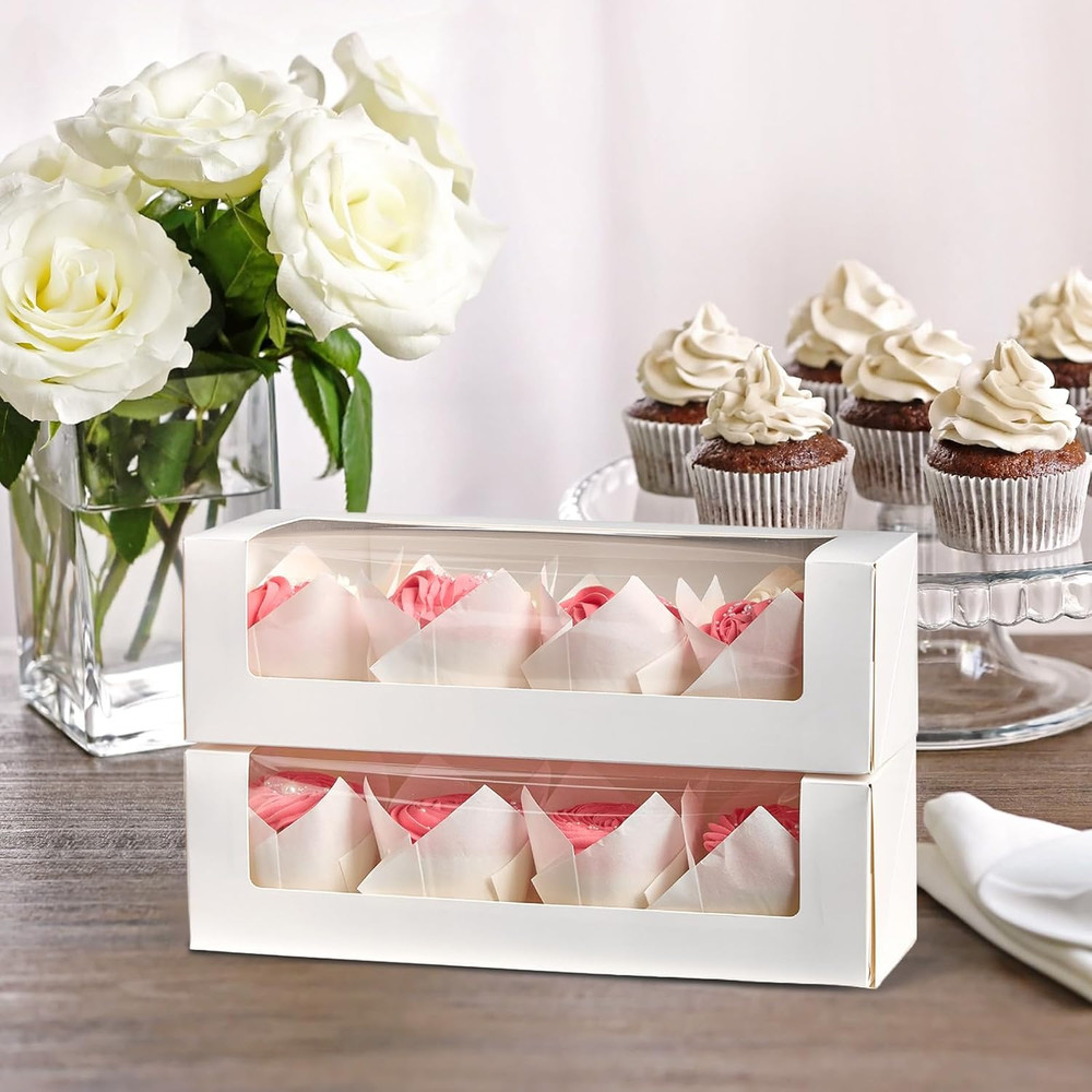 24 Pack 12"X 4" X 3.5" Roll Cake Boxes White Bakery Boxes with Windows Chocolate