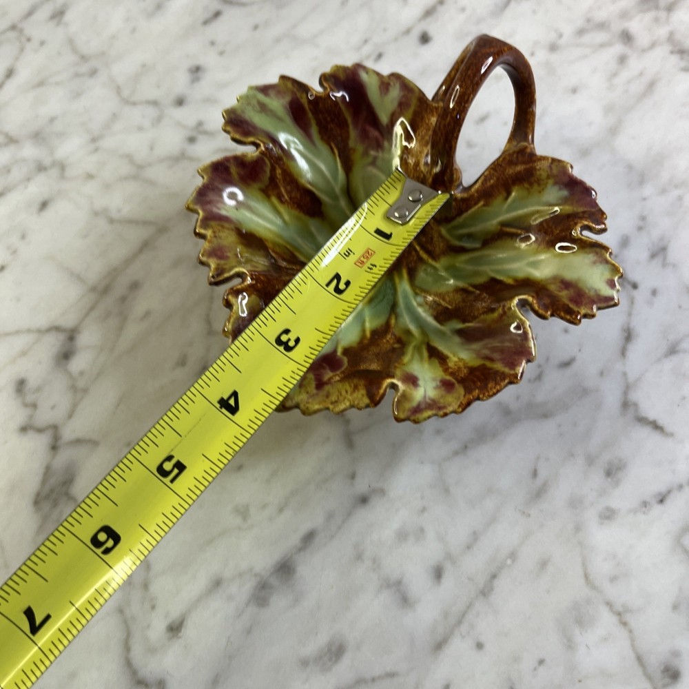 Vintage Maple Leaf Dish Green Brown Ceramic Double Loop Handle MCM