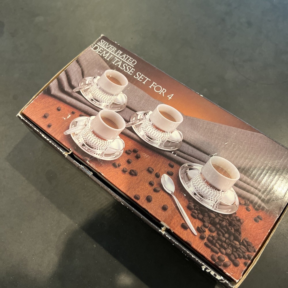 Vtg. NIB Paul Revere Silver Plated Demi Tasse Set for 4 By Godinger  Espresso