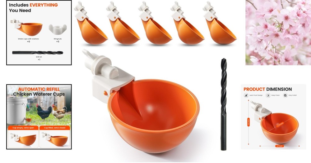 Effortless Chicken Hydration - 6 Leak-Proof Waterer Cups with Drill Bit, Orange