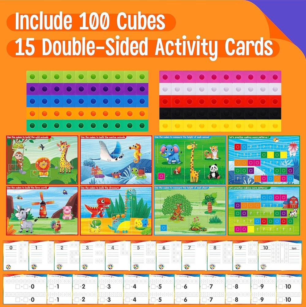 Math Linking Cubes, 100 Math Cube Manipulatives with 30 Learning Activities Numb