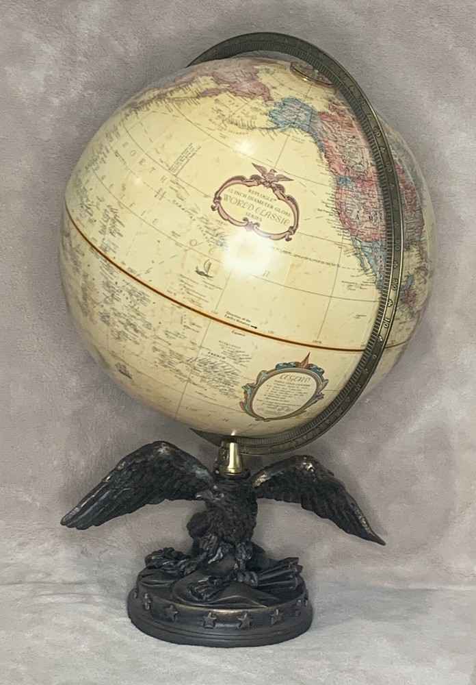 Replogle 12" Globe Eagle Tabletop Brass Tone Resin Eagle Base Globe Vintage