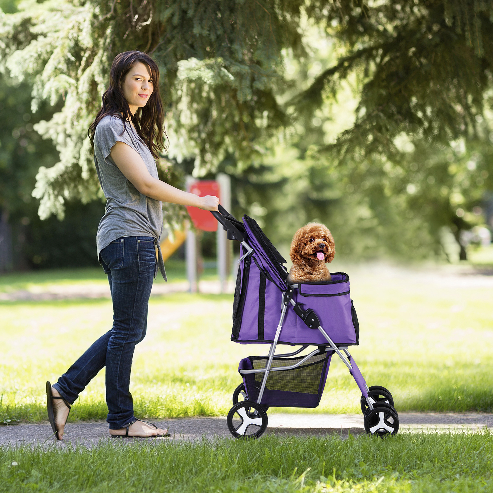 4 Wheel Dog Stroller Pet Stroller Travel Carriage w/Foldable Carrier Cart Purple
