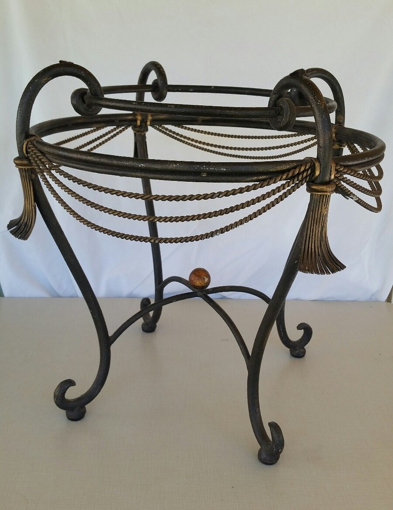 VTG Circular Solid Iron-Ornamental Accent Table☆Gilt Rope &Tassel☆Scroll Design