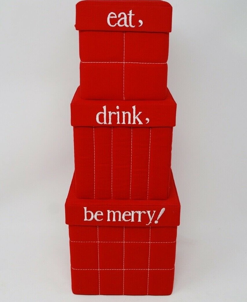 Christmas Stacking Nesting Gift Boxes Red Quilted Cloth Board Box Be Merry 3pc