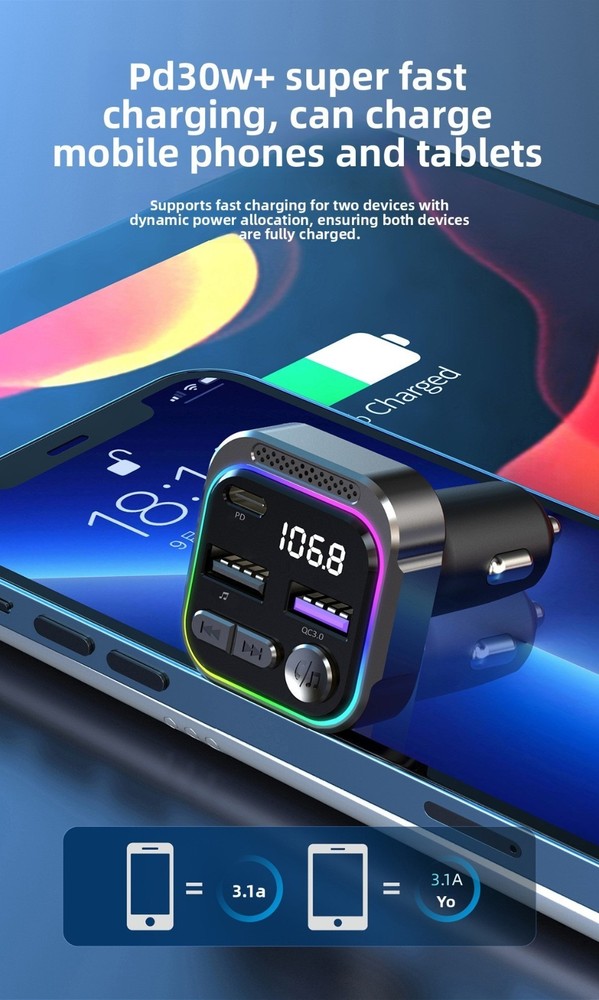 Aluminum Alloy Car Bluetooth MP3 Player FM Transmitter PD Fast Charging