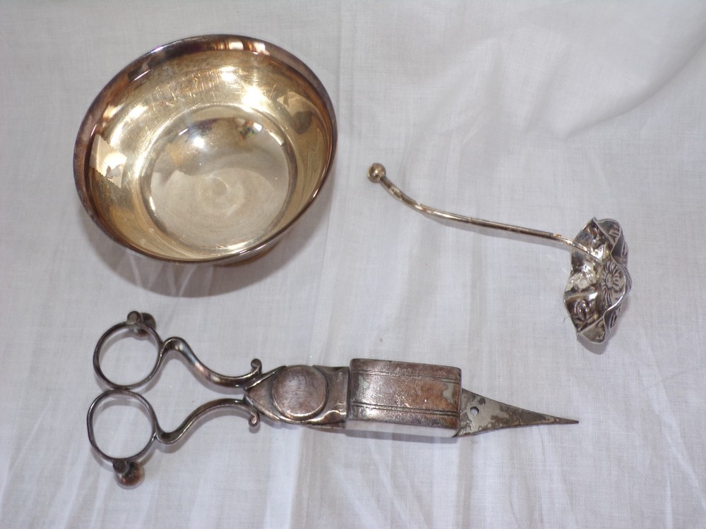 Lot Sliverplated Candle Snuffer Scissors, Small Bowl and Ladle or Spoon As Is