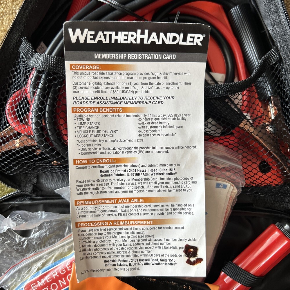 Used Weather Handler Caution Triangle Emergency First Aid and Jumper Cables Kit