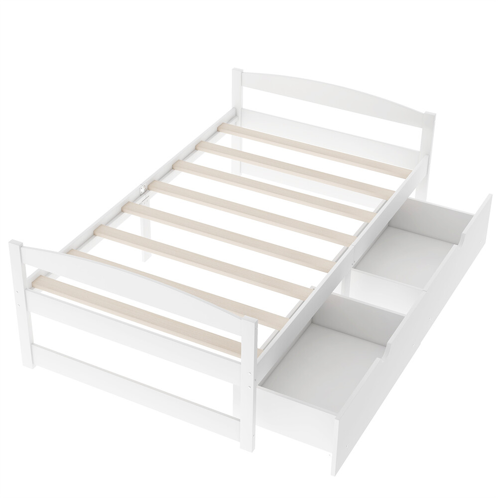 Twin Size Platform Bed Two Drawers White Solid Wood Frame Simple Single-layer