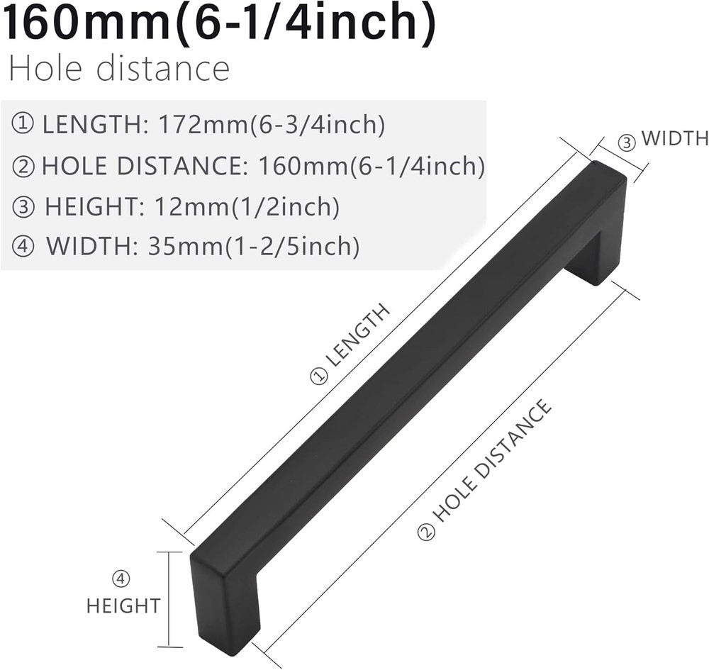 Cabinet Pulls Matte Black Cabinet Handles Square Drawer Pulls, 2 Pack 6-1/4 Inch