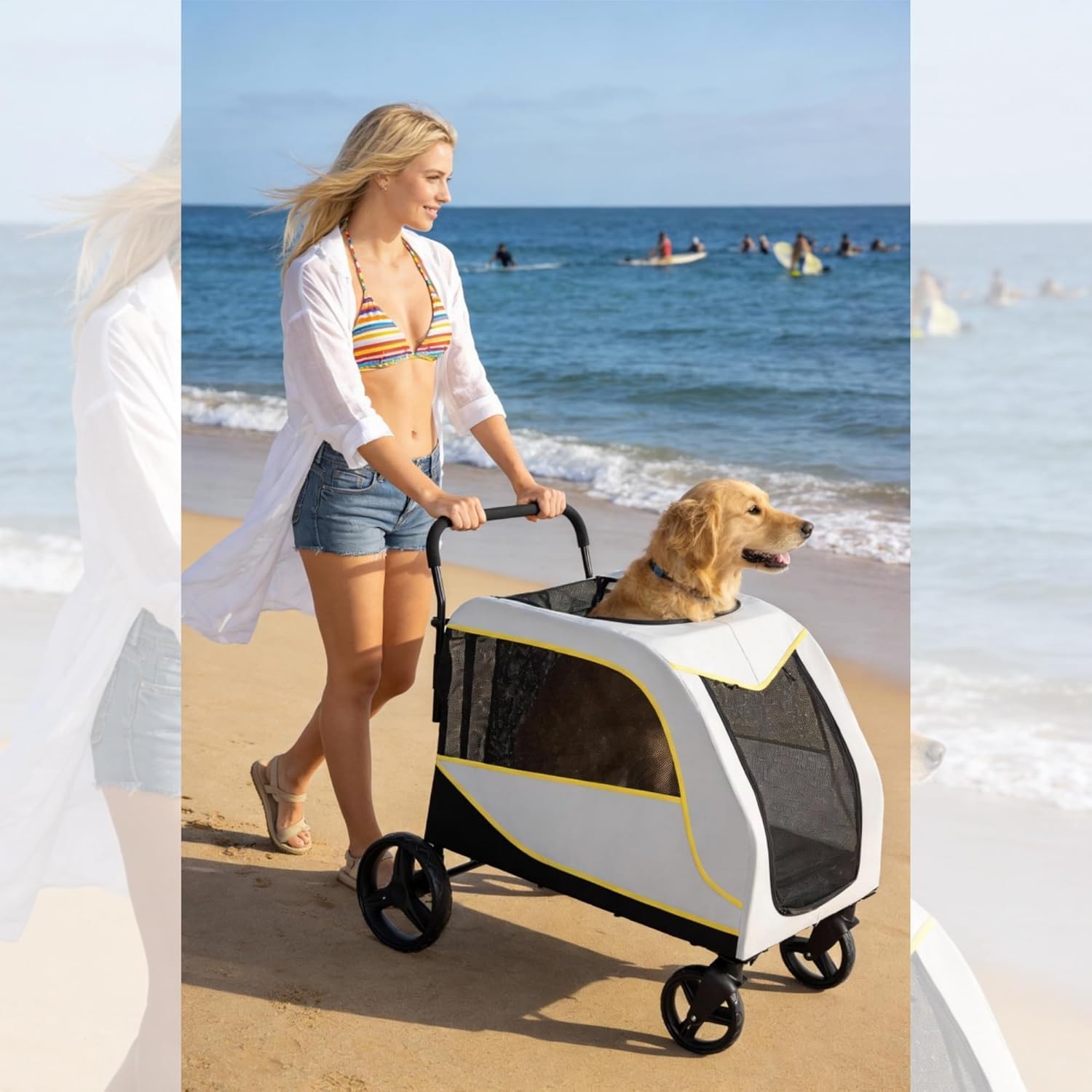 Large Pet Stroller 4 Wheels 130 Lbs, Foldable Dog Cat Cage with Foot Brake White