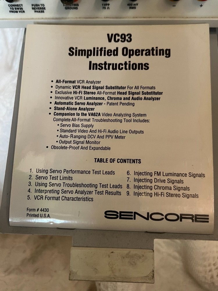 Sencore VC93 All Format VCR Analyzer