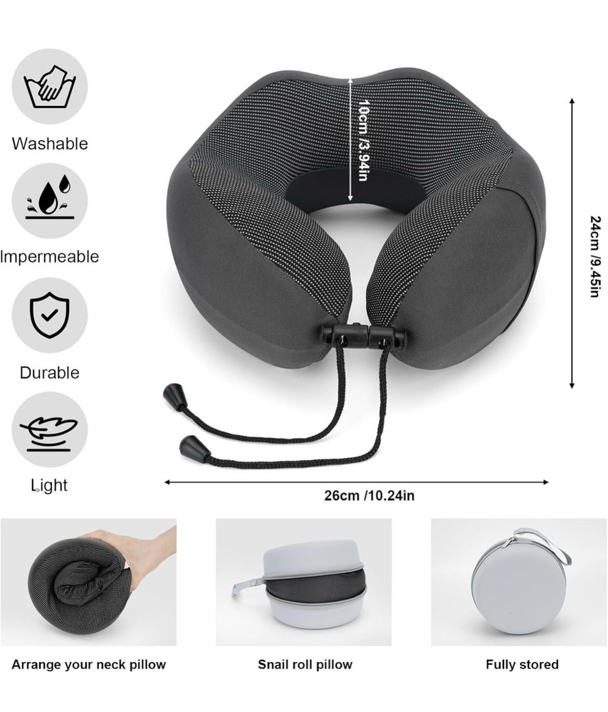 Dark Gray Memory Foam Neck Pillow with Carry Case
