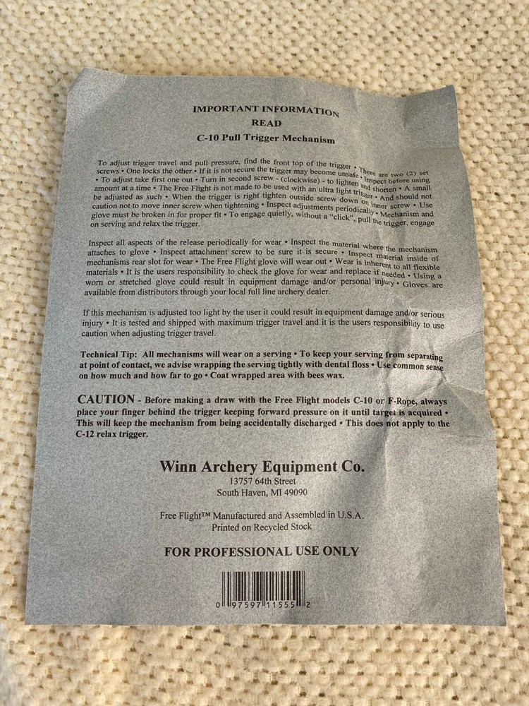 Winn Archery Free Flight Release Instructions Insert Page