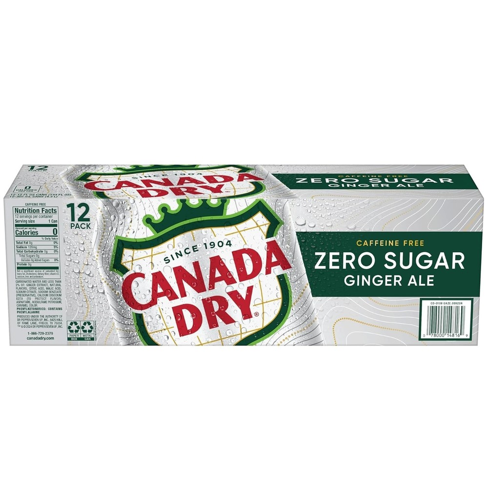 Zero Sugar Ginger Ale Soda, 12 fl oz cans, 12 pack