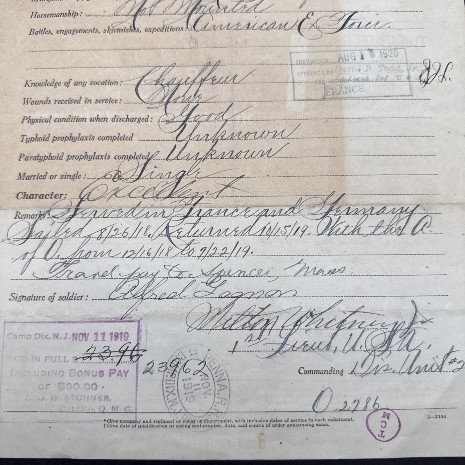 WWI 1918 3rd Infantry Division 6th Engineers Co. B Honorable Discharge Army AEF