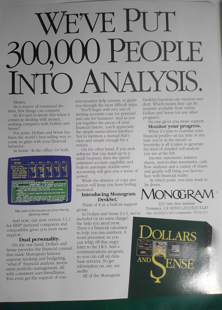 Dollars and Sense, by Monogram Software - Press Kit, 1989