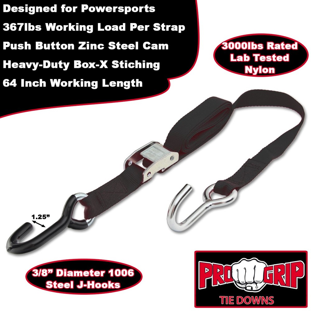 Progrip Powersports Motorcycle Tie Down Straps Lab Tested (2 Pack) Black
