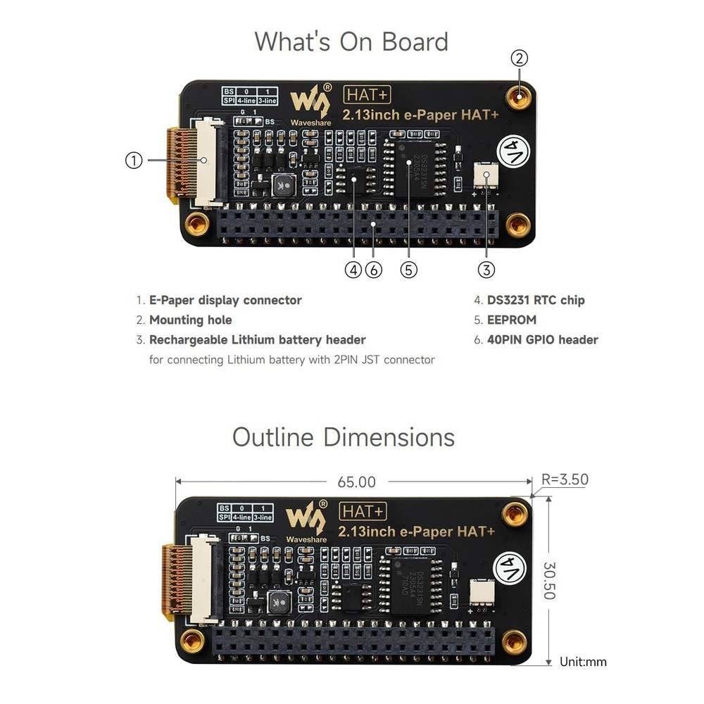 Waveshare 2.13inch E-Paper, Compatible with Raspberry Pi 5/4B/3B+/3B/ black