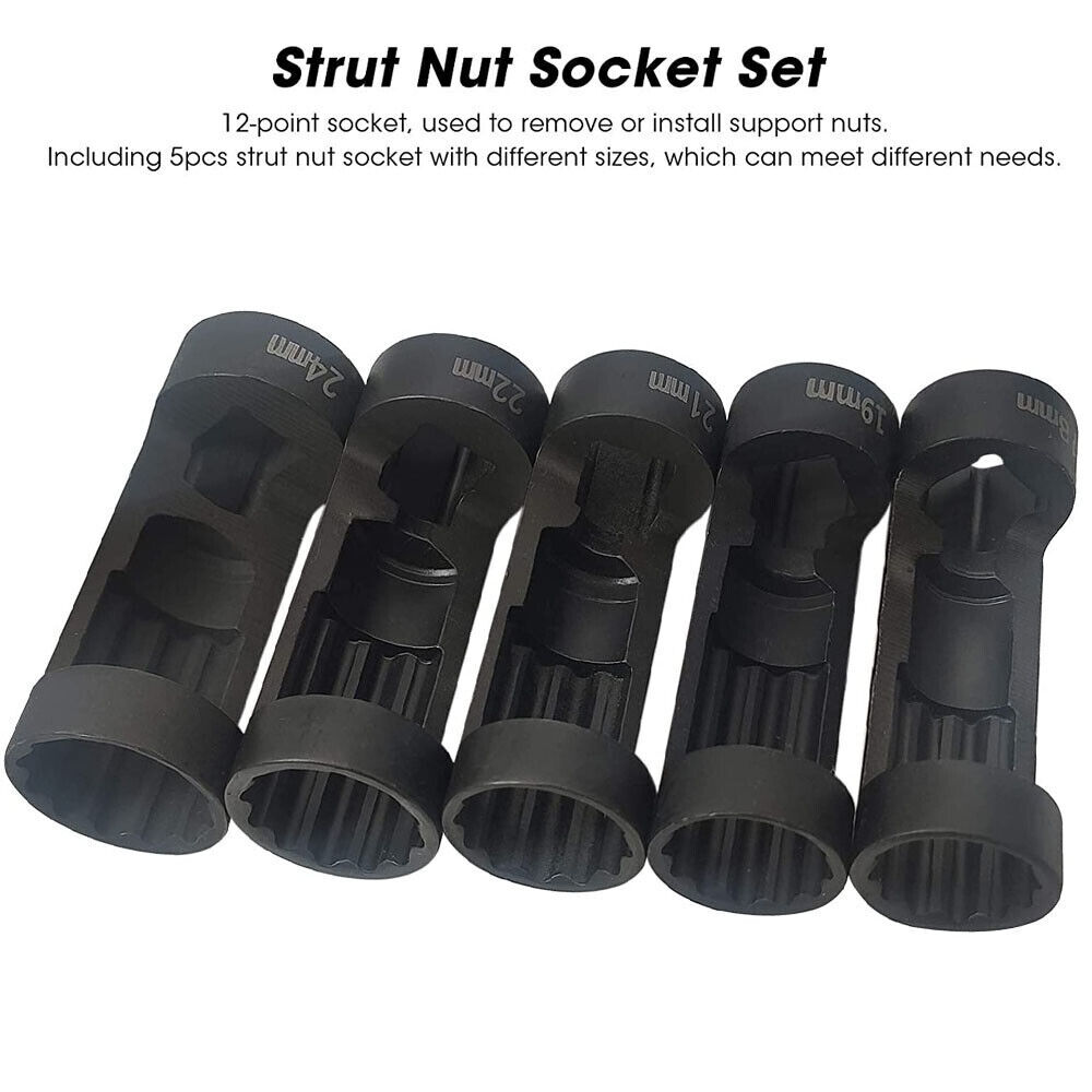 5pc Suspension Strut Nut Socket Set 18mm 19mm 21mm 22mm 24mm 12 Point 1/2" Drive