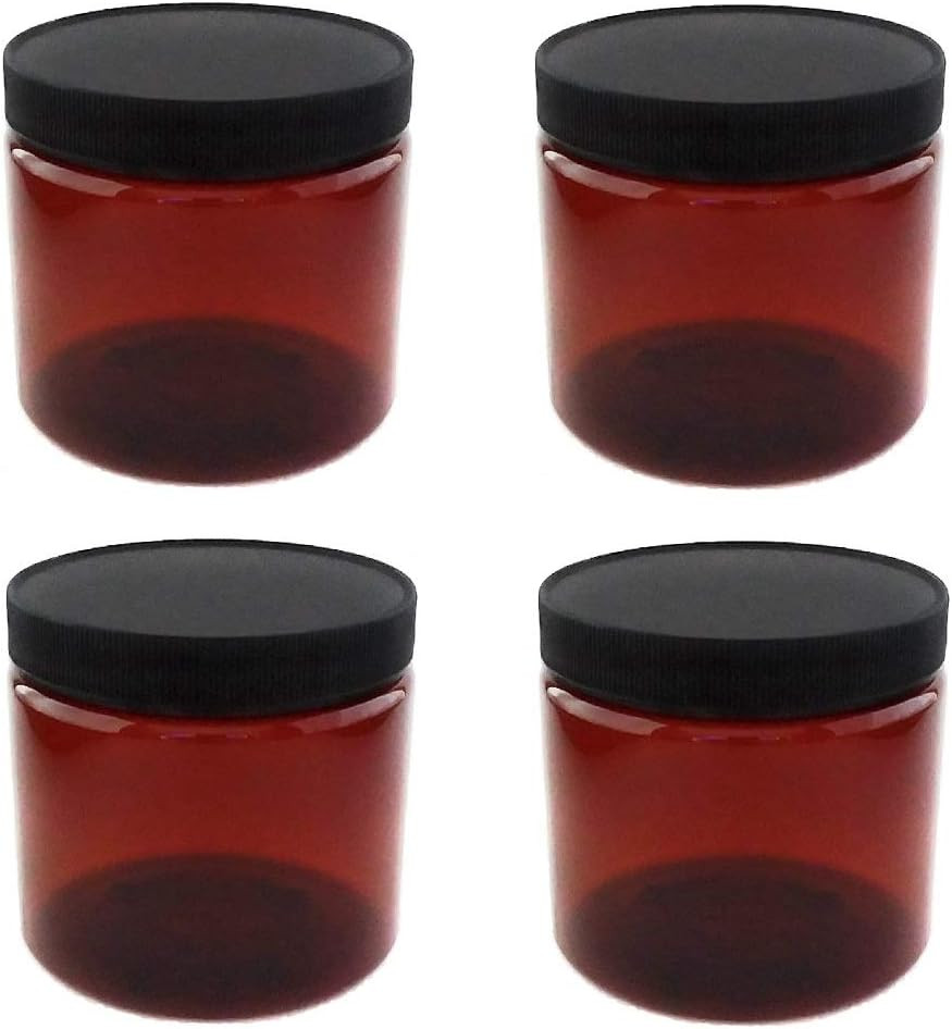 Amber Plastic Jars 16 Ounce with Black Lids (4-Pack) Refillable Empty Storage Co