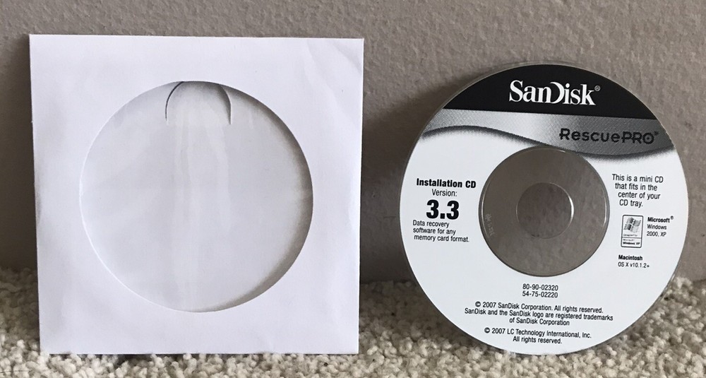 2007 SanDisk RescuePro 3.3 Software Mini Installation CD Disc Windows 2000 XP PC