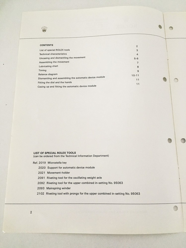 Genuine Rolex caliber 3000 Technical Information Service Catalog
