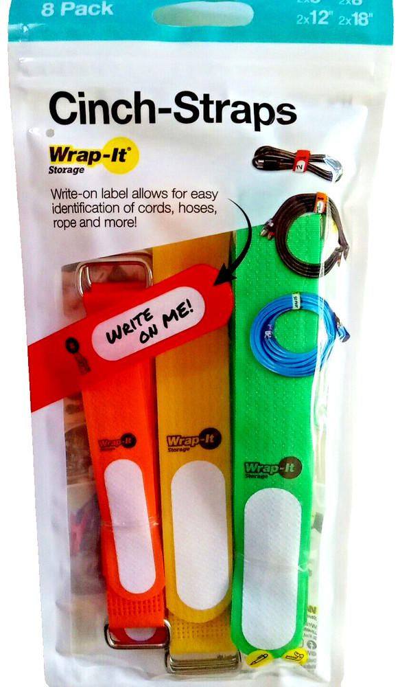 Wrap-It  Storage Cinch-Strap Cord Storage Straps, Write On Labels Assorted 8-Pk.