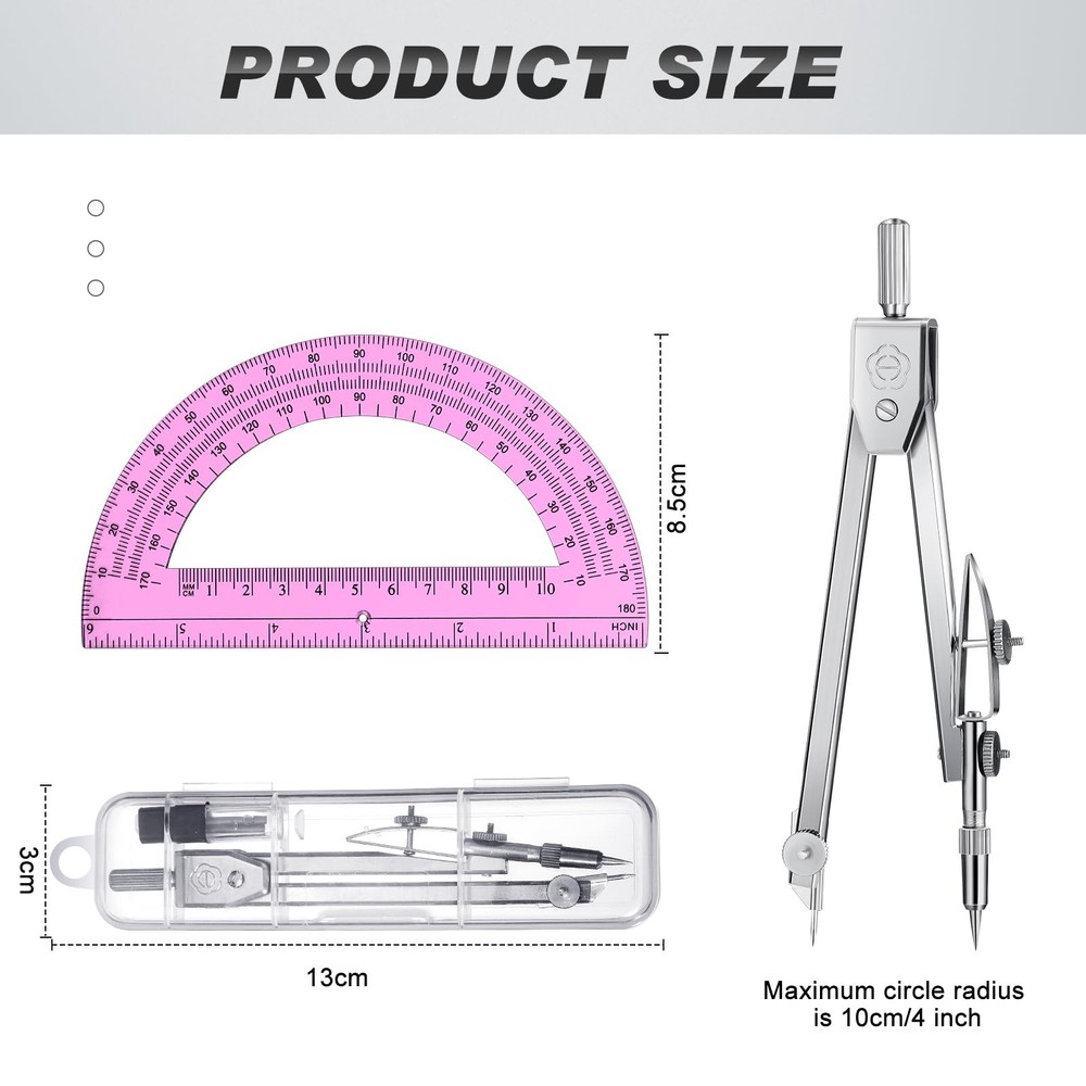EBOOT Student Geometry Math Set, Drawing Compass and 6 Inch Swing Arm Pink