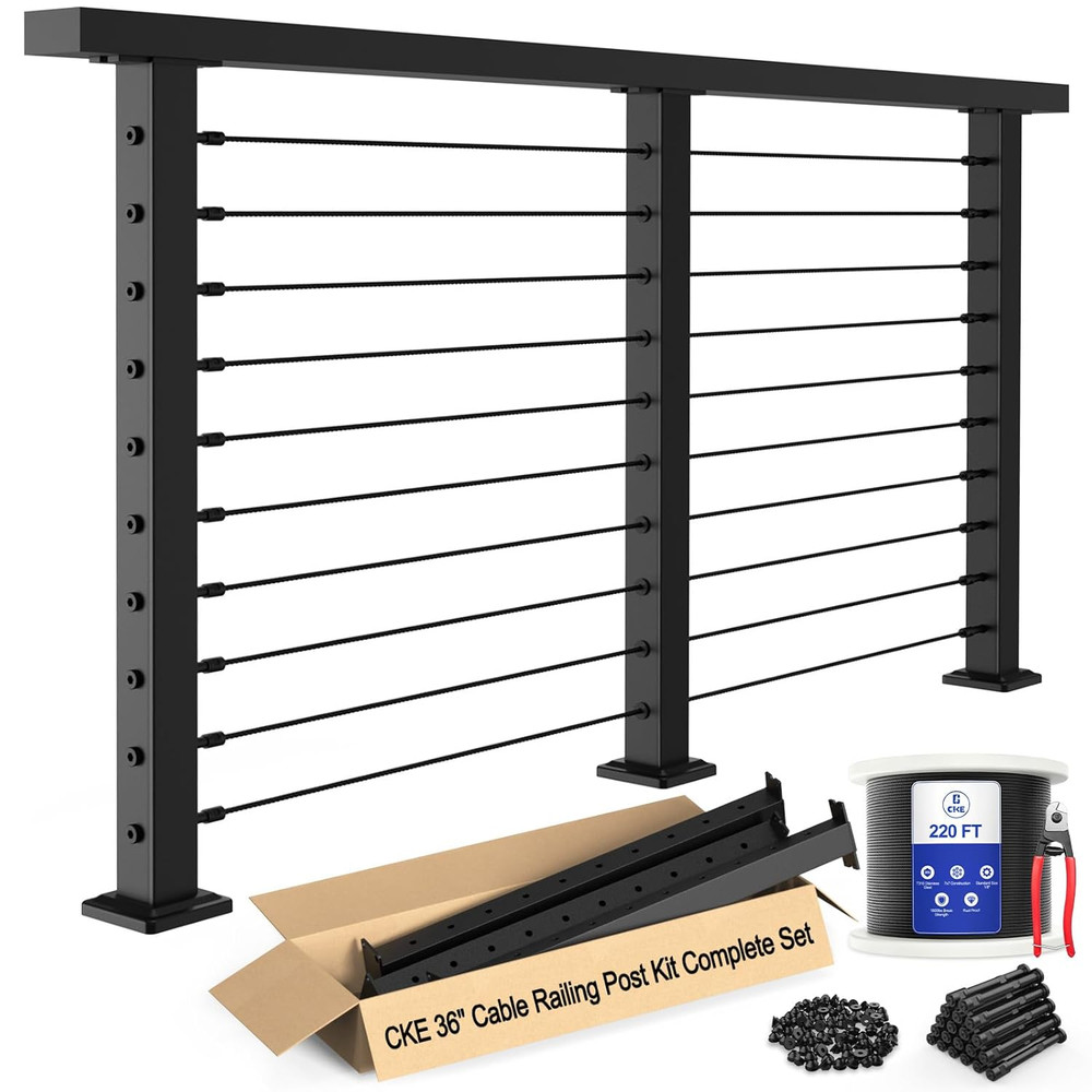 CKE 10Ft-15Ft Complete Set 36" Cable Railing Post Kit, 3Pack Black Level Drilled